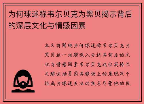 为何球迷称韦尔贝克为黑贝揭示背后的深层文化与情感因素
