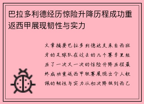 巴拉多利德经历惊险升降历程成功重返西甲展现韧性与实力